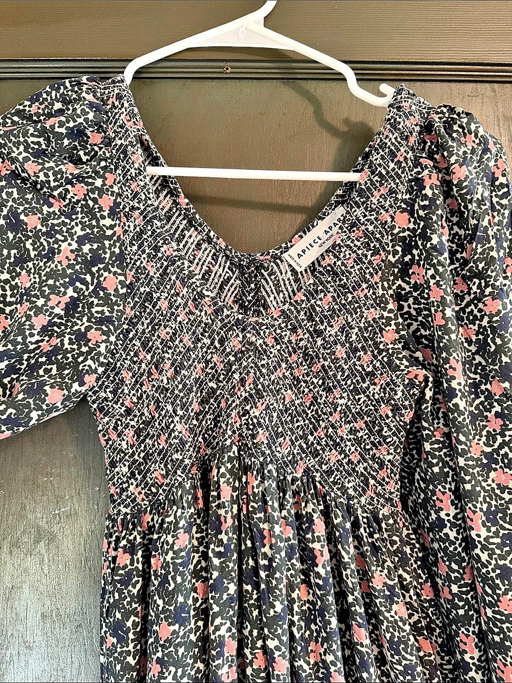 Floral Smocked Maxi Dress in Green with Pink Flowers - Picture 3 of 4